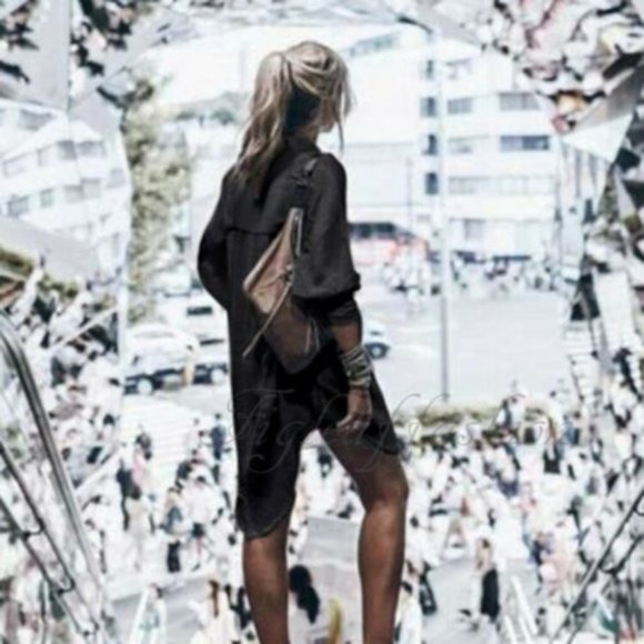 New Black Long Sleeve Button Front Shirt Dress Tunic Summer Beach Fall Market - Picture 6 of 8